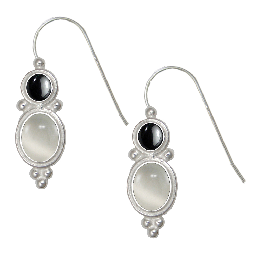 Sterling Silver Drop Dangle Earrings White Moonstone And Hematite